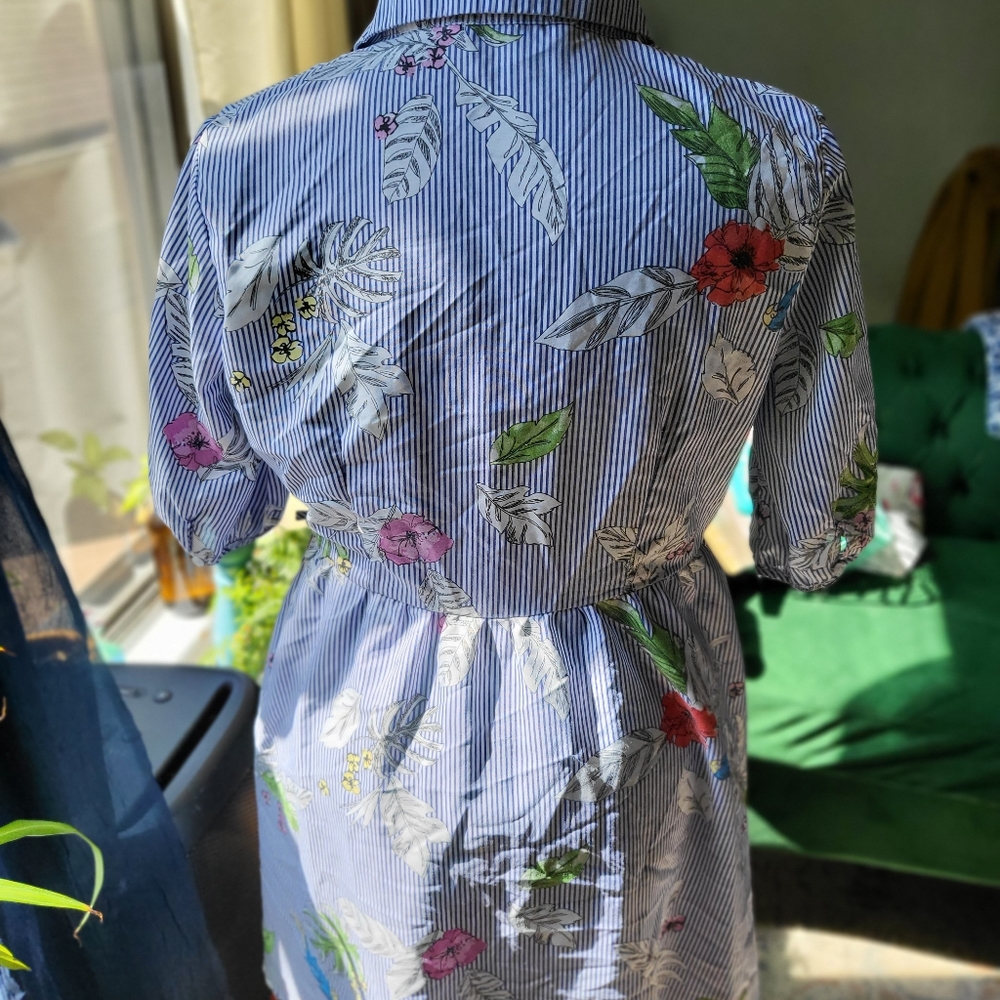 Striped Floral Button-Front Shirt Dress with Bird Print - Blue/White - Picture 3 of 4
